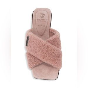 $995 Brunello Cucinelli Shearing Criss Cross Slide Flat Sandals Pink 38.5/ 8.5